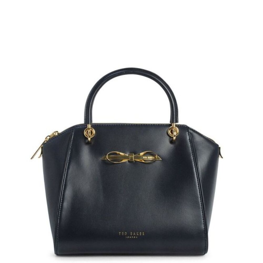 NWT Ted Baker Lailey Metal Slim Bow Leather Small Tote Bag In Navy